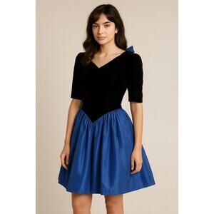 Vtg Jessica McClintock GUNNE SAX Black Velvet Blue Taffeta Party Dress Sz 5/6